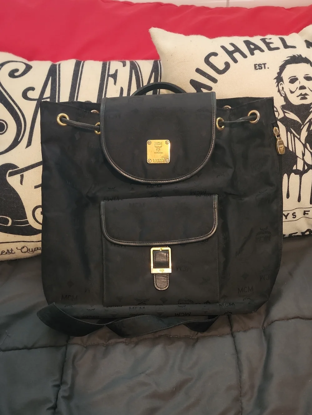 MCM Black Nylon Drawstring Backpack with Gold Hardware